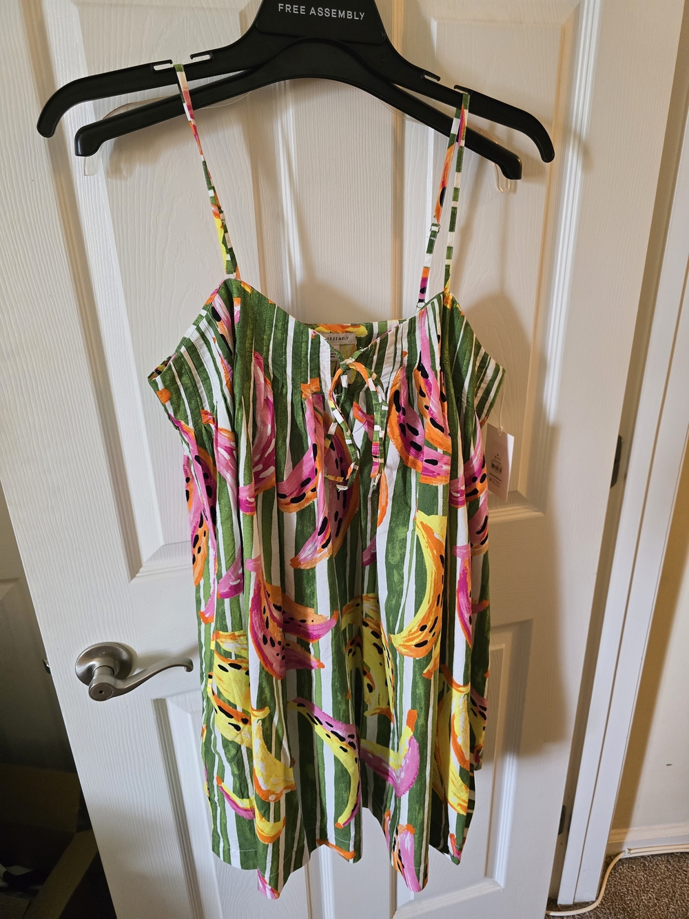 Tropical Stripe Banana Print Spaghetti Strap Shift Dress - Green & Pink